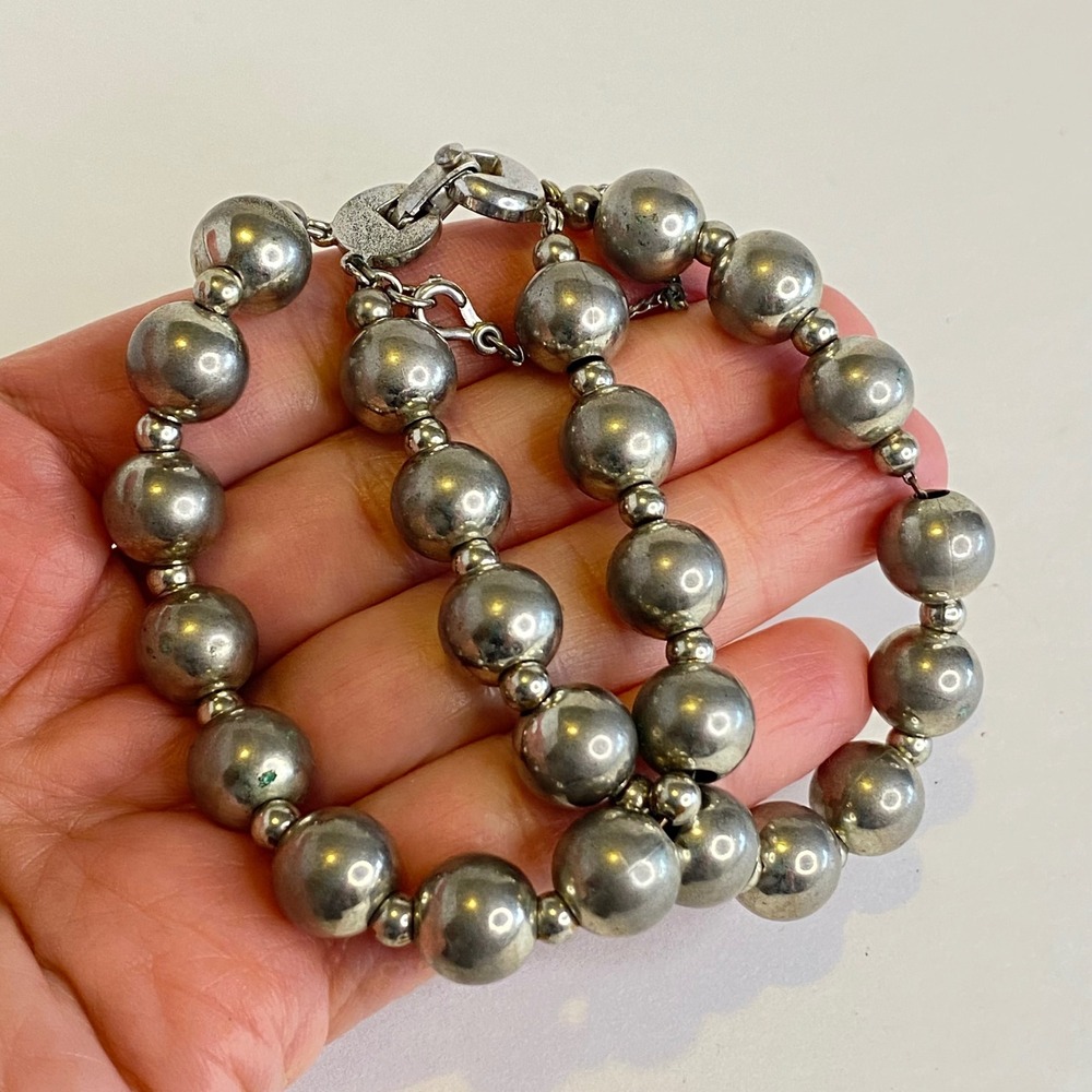 Monet‎ Double Strand Metal Bead Bracelet Silver Tone Safety Clasp Vintage